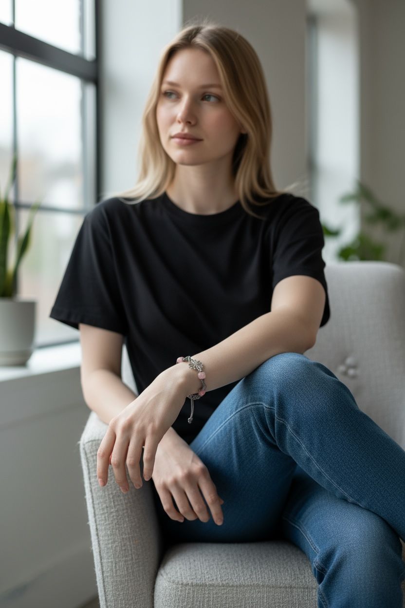 Woman in black tee seated by a window wearing a pink bead and flower bracelet