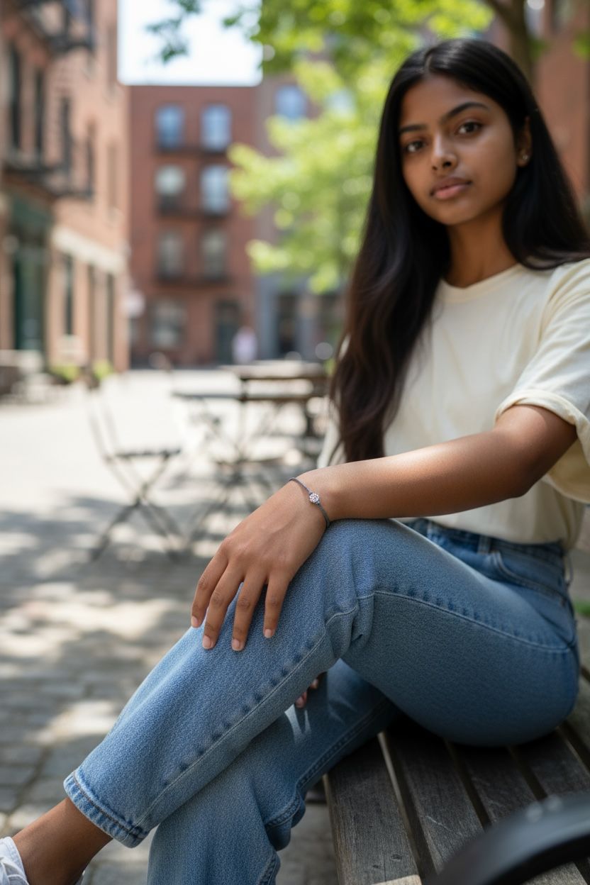 Woman on a city bench wearing a dark cord bracelet