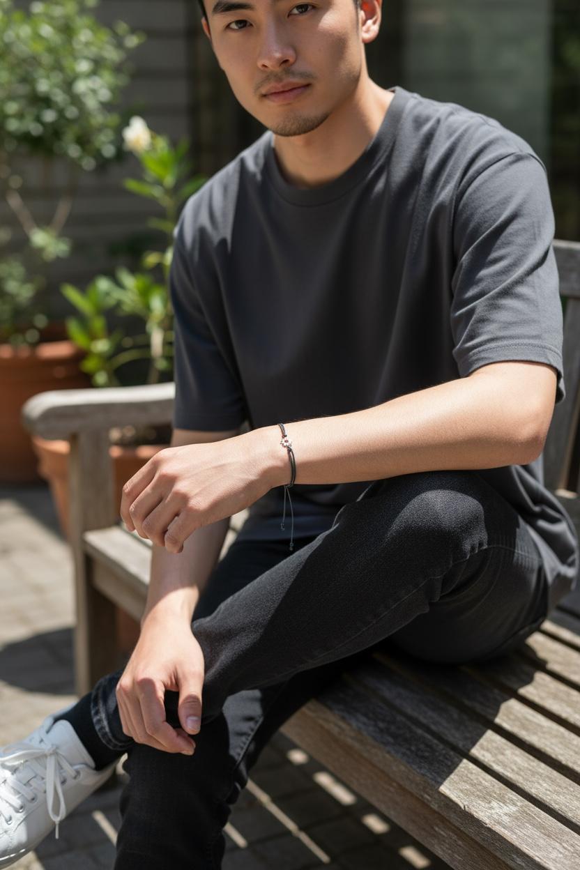 Man in a dark tee on an outdoor bench wearing a sun charm bracelet