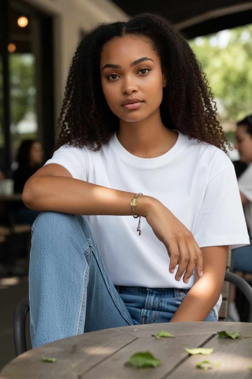 Woman in a white tee at an outdoor cafe wearing a yellow charm bracelet