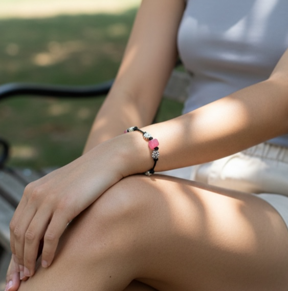 Smiling woman on a garden bench with green charm bracelet