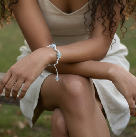 Lifestyle shot of a bracelet at an outdoor cafe