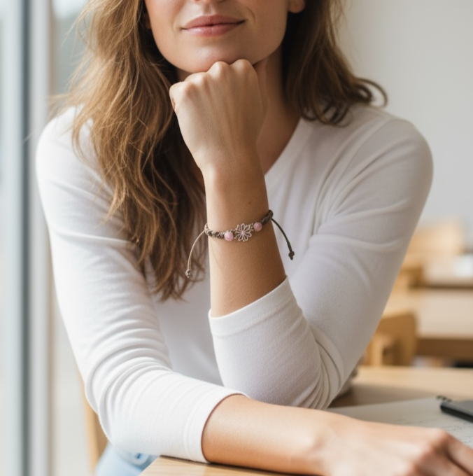 Smiling woman wearing a green charm bracelet in a sunlit cafe