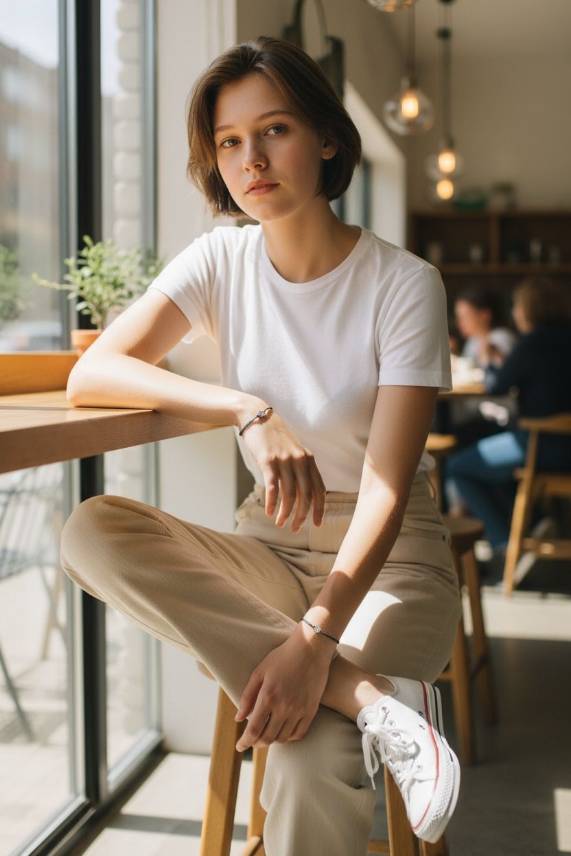 Woman in a white tee by a cafe window wearing a bracelet