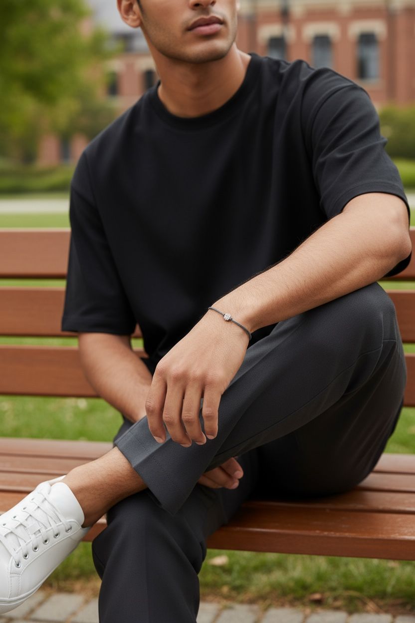 Man in a black tee on a park bench wearing a simple cord bracelet