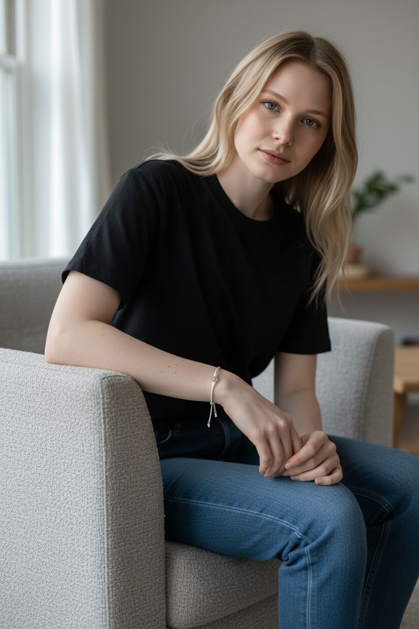 Seated portrait indoors wearing a white bracelet