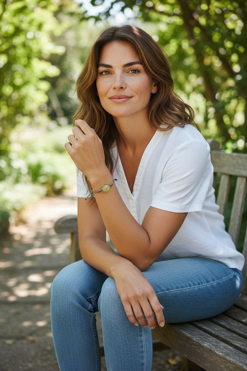 Woman in white blouse on a garden bench wearing a green charm bracelet