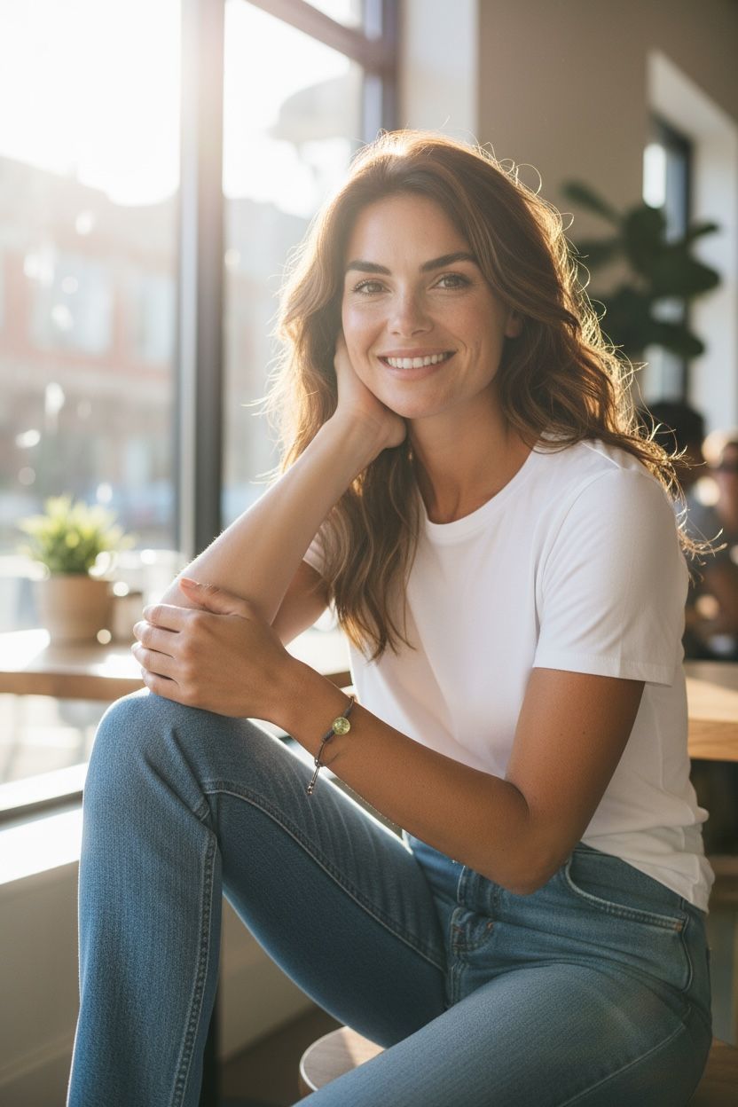 Smiling woman wearing a green charm bracelet in a sunlit cafe