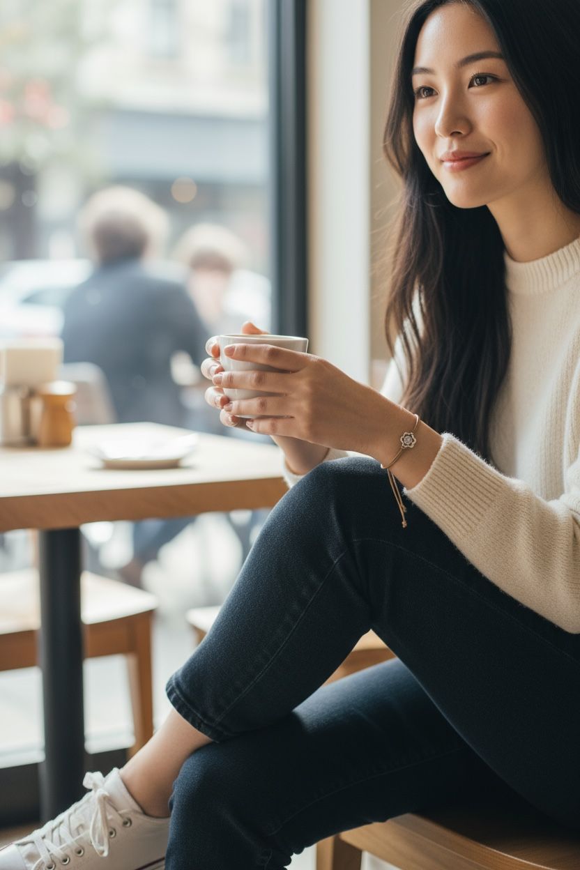 Woman in a cream sweater holding a coffee cup with a gold flower bracelet